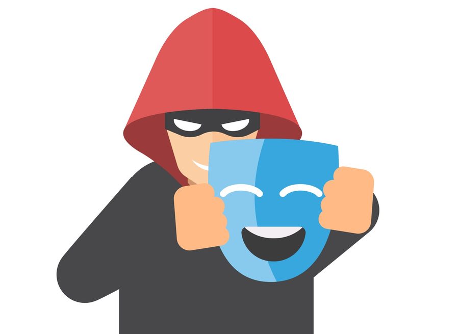 Illustration of a scammer in a red hood holding up a smiling blue mask